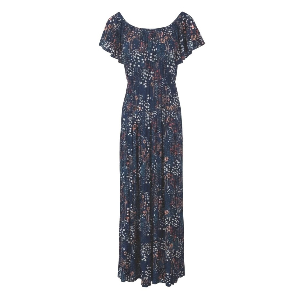 Margaux Riviera Maxi Dress Sz XL Navy Blue Abstract Dot Ruffle Boho Vacation